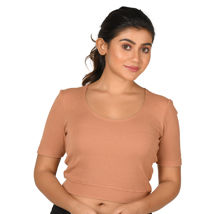 Hosiery Blouse- Regular Deep Round Neck - Cider - Blouse featured