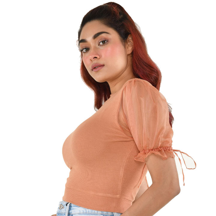 Hosiery Blouses with Puffy Organza Sleeves - Cider - Blouse featured