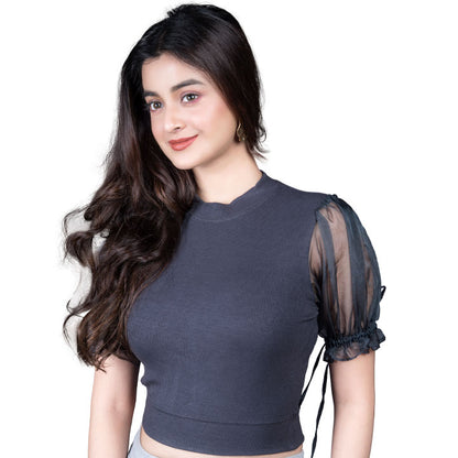 Hosiery Blouses with Puffy Organza Sleeves - Clay Grey - Blouse featured