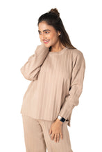 Load image into Gallery viewer, Cosy Classic Divaa Co-ord Set full sleeve beige lounge wear featured