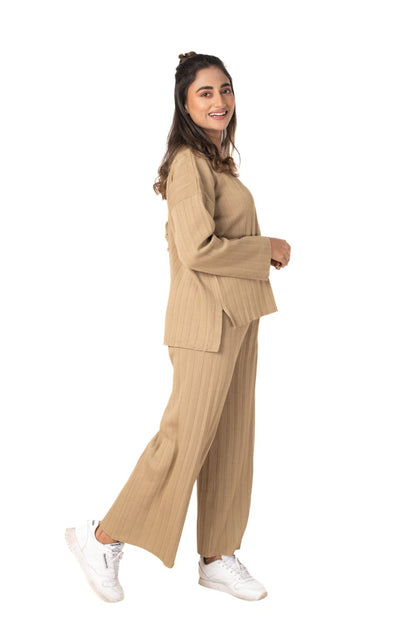 Cosy Classic Divaa Co-ord Set full sleeve light mud yellow lounge wear featured