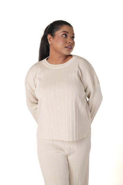 Cosy Classic Divaa Co-ord Set full sleeve off white lounge wear featured