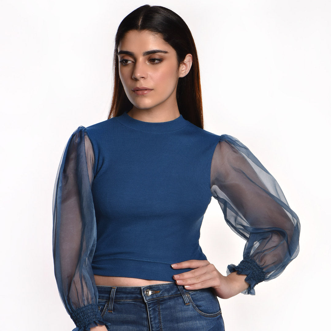 Hosiery Blouses with Puffy Organza Full Sleeves - Azure Blue - Blouse featured