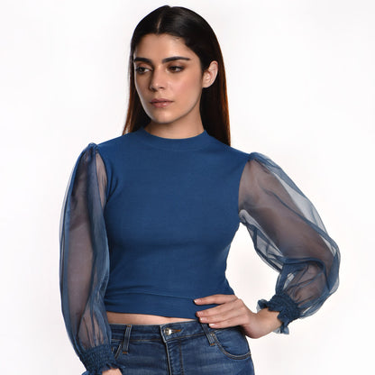 Hosiery Blouses with Puffy Organza Full Sleeves - Azure Blue - Blouse featured