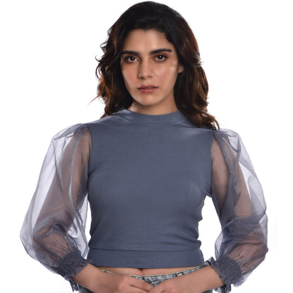 Hosiery Blouses with Puffy Organza Full Sleeves -  Brilliant Blue - Blouse featured