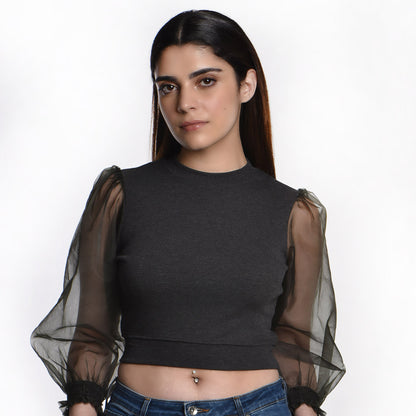 Hosiery Blouses with Puffy Organza Full Sleeves -  Dark Grey - Blouse featured