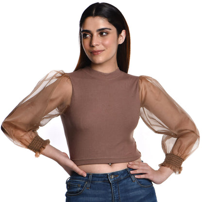 Hosiery Blouses with Puffy Organza Full Sleeves -  Light Brown - Blouse featured