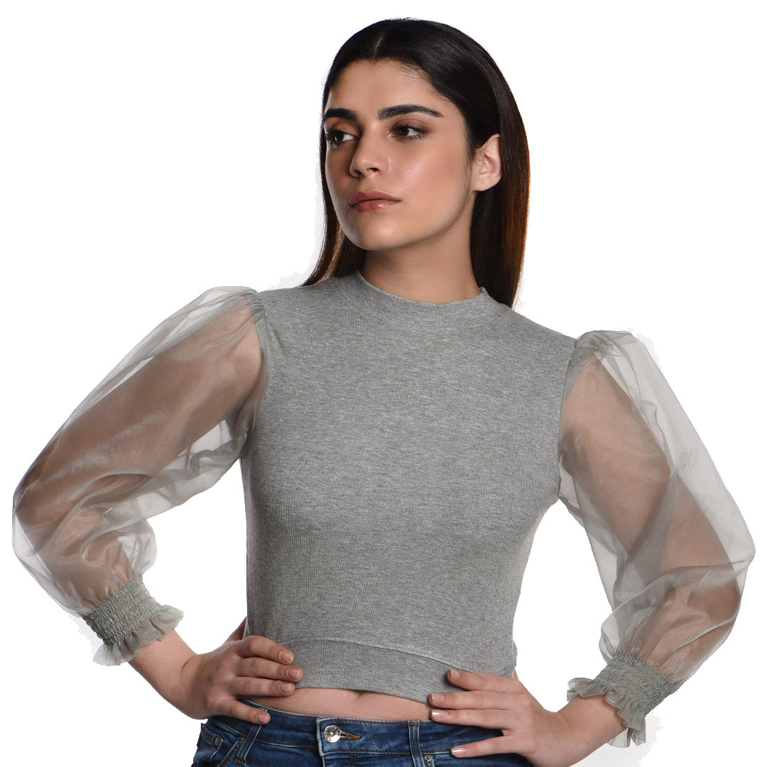 Hosiery Blouses with Puffy Organza Full Sleeves -  Light Grey - Blouse featured