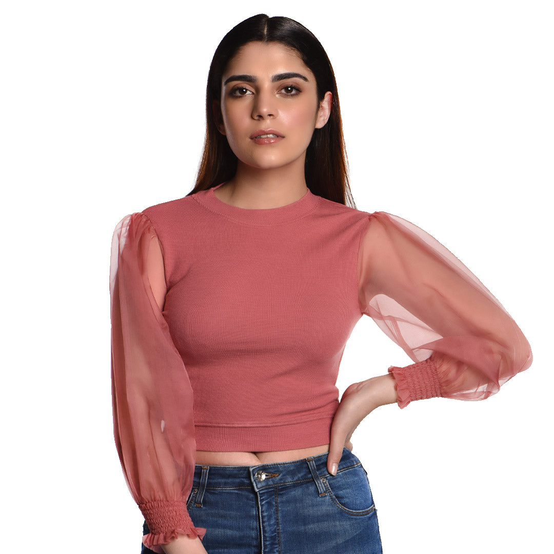 Hosiery Blouses with Puffy Organza Full Sleeves -  Rose Pink - Blouse featured