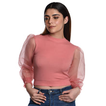 Load image into Gallery viewer, Hosiery Blouses with Puffy Organza Full Sleeves - Sakura Pink - Blouse featured