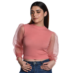 Hosiery Blouses with Puffy Organza Full Sleeves - Sakura Pink - Blouse featured