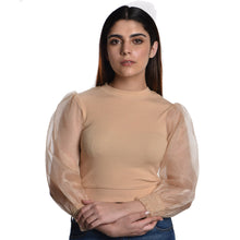 Load image into Gallery viewer, Hosiery Blouses with Puffy Organza Full Sleeves -  Tan - Blouse featured