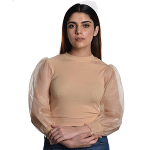 Hosiery Blouses with Puffy Organza Full Sleeves -  Tan - Blouse featured