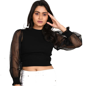Hosiery Blouses with Puffy Organza Full Sleeves - Black - Blouse featured