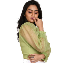 Load image into Gallery viewer, Hosiery Blouses with Puffy Organza Full Sleeves - Lime Green - Blouse featured
