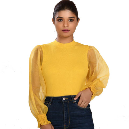 Hosiery Blouses with Puffy Organza Full Sleeves -  Mango Yellow - Blouse featured