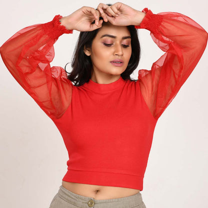 Hosiery Blouses with Puffy Organza Full Sleeves -  Red - Blouse featured