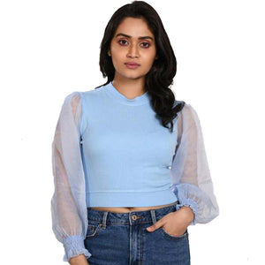 Hosiery Blouses with Puffy Organza Full Sleeves - Sky Blue - Blouse featured