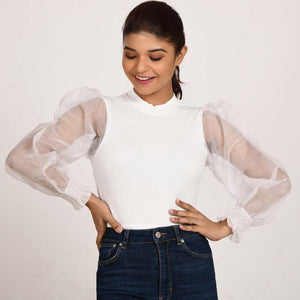 Hosiery Blouses with Puffy Organza Full Sleeves -  White - Blouse featured