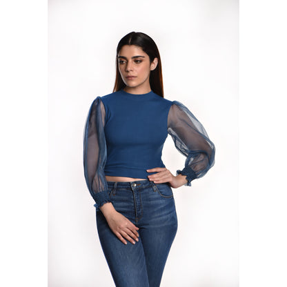 Hosiery Blouses with Puffy Organza Full Sleeves - Azure Blue - Blouse featured