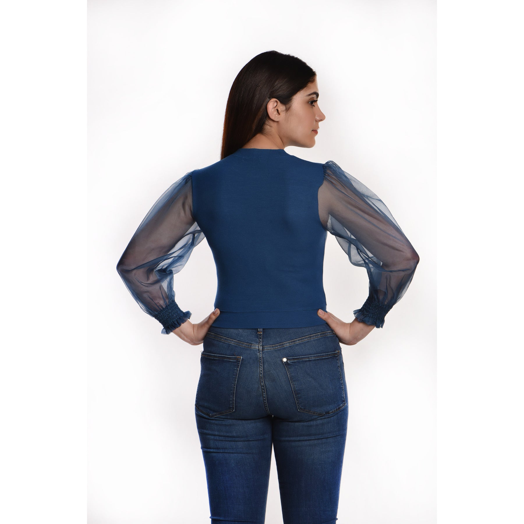 Hosiery Blouses with Puffy Organza Full Sleeves - Azure Blue - Blouse featured