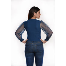 Load image into Gallery viewer, Hosiery Blouses with Puffy Organza Full Sleeves - Azure Blue - Blouse featured