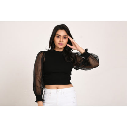 Hosiery Blouses with Puffy Organza Full Sleeves - Black - Blouse featured