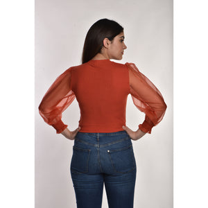 Hosiery Blouses with Puffy Organza Full Sleeves -  Brick Red - Blouse featured