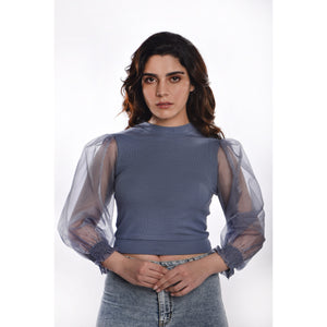 Hosiery Blouses with Puffy Organza Full Sleeves -  Brilliant Blue - Blouse featured