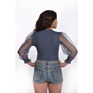 Hosiery Blouses with Puffy Organza Full Sleeves -  Brilliant Blue - Blouse featured