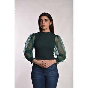 Hosiery Blouses with Puffy Organza Full Sleeves -  Green - Blouse featured