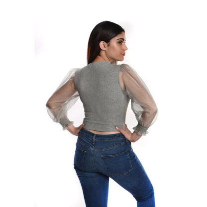 Hosiery Blouses with Puffy Organza Full Sleeves -  Light Grey - Blouse featured