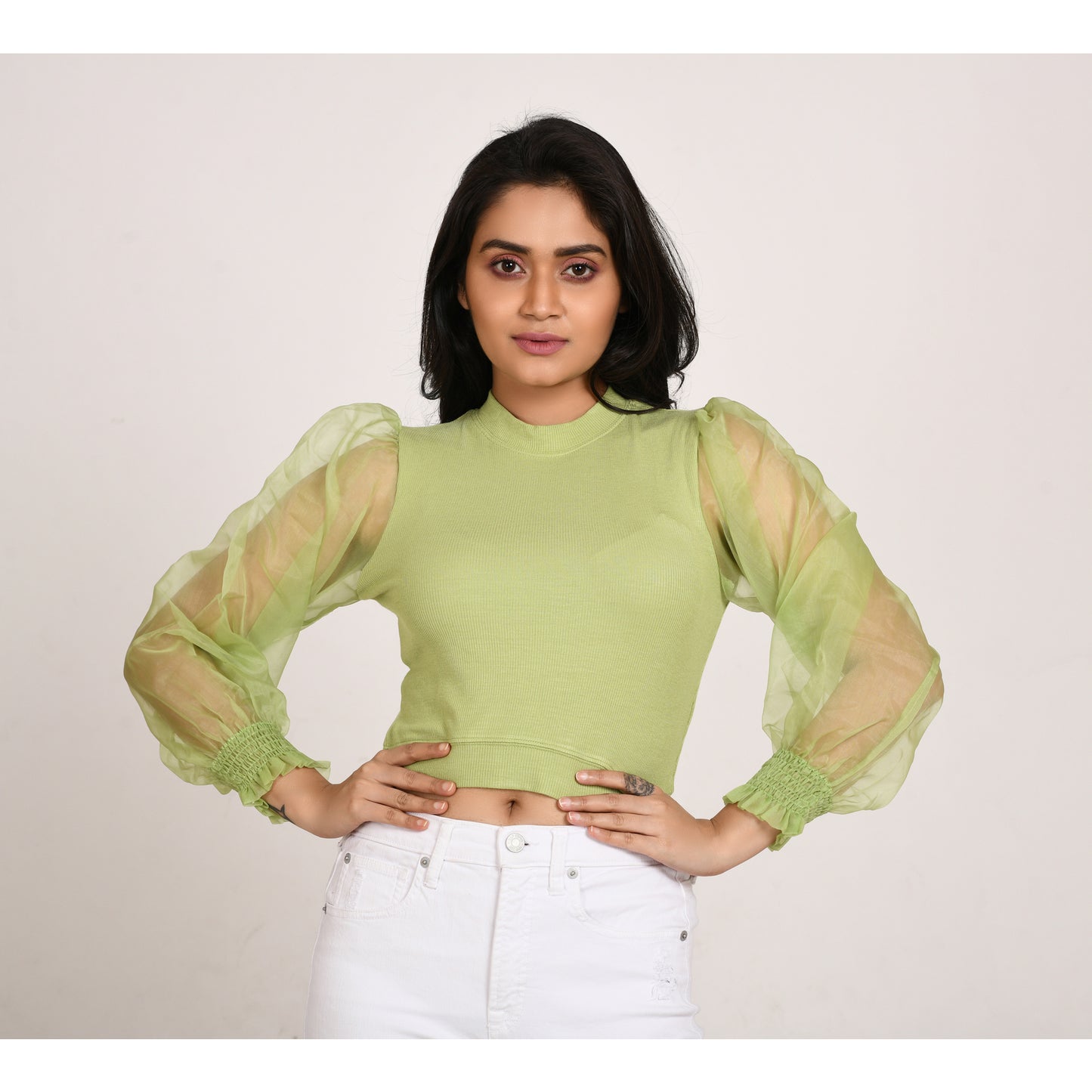 Hosiery Blouses with Puffy Organza Full Sleeves -  Lime Green - Blouse featured