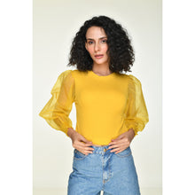 Load image into Gallery viewer, Hosiery Blouses with Puffy Organza Full Sleeves -  Mango Yellow - Blouse featured