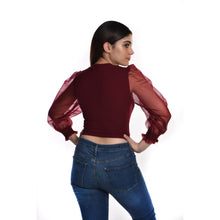 Load image into Gallery viewer, Hosiery Blouses with Puffy Organza Full Sleeves -  Maroon - Blouse featured