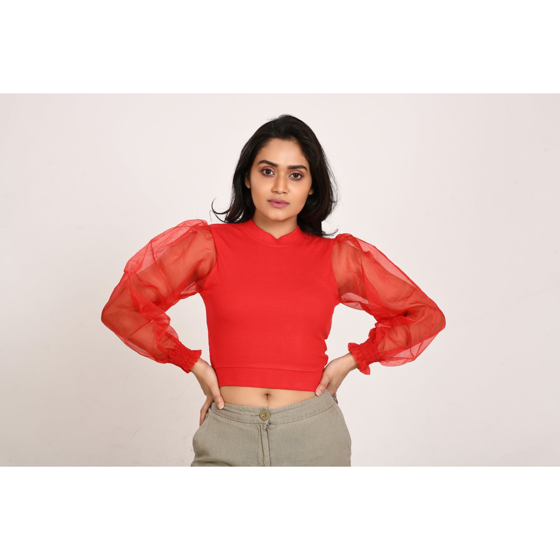 Hosiery Blouses with Puffy Organza Full Sleeves -  Red - Blouse featured