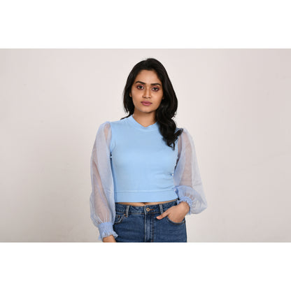 Hosiery Blouses with Puffy Organza Full Sleeves -  Sky Blue - Blouse featured