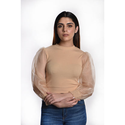 Hosiery Blouses with Puffy Organza Full Sleeves -  Tan - Blouse featured