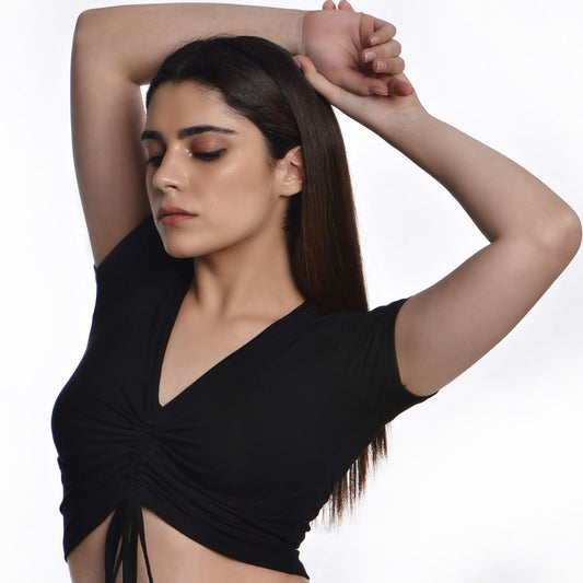 Rayon Ruched Drawstring Front V Neck Crop Top Style Blouse - Black - Blouse featured