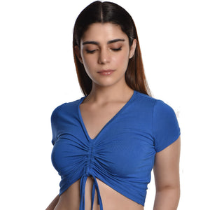 Rayon Ruched Drawstring Front V Neck Crop Top Style Blouse - Cobalt Blue - Blouse featured