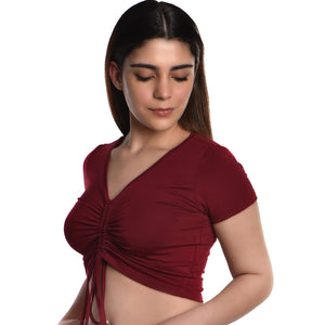 Rayon Ruched Drawstring Front V Neck Crop Top Style Blouse - Mahogany Maroon - Blouse featured