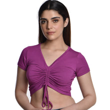 Load image into Gallery viewer, Rayon Ruched Drawstring Front V Neck Crop Top Style Blouse - Light Wine - Blouse featured