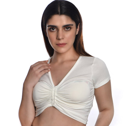 Rayon Ruched Drawstring Front V Neck Crop Top Style Blouse - White - Blouse featured
