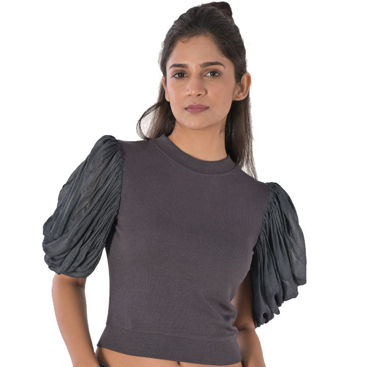 Hosiery Blouses - Mesh Pleated Sleeves - Clay Grey - Blouse featured