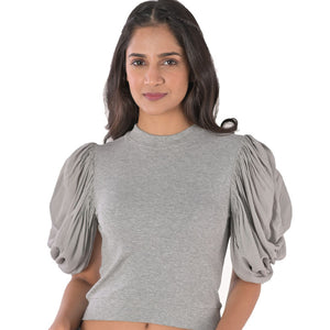 Hosiery Blouses - Mesh Pleated Sleeves - Light Grey - Blouse featured