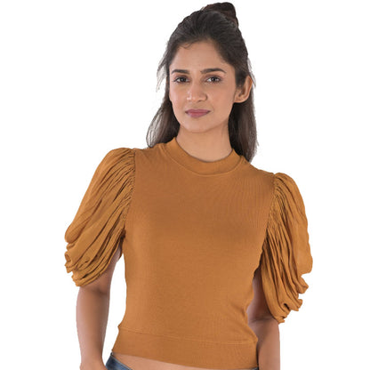 Hosiery Blouses - Mesh Pleated Sleeves - Mustard - Blouse featured