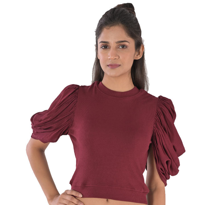 Hosiery Blouses - Mesh Pleated Sleeves - Maroon - Blouse featured