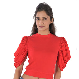 Hosiery Blouses - Mesh Pleated Sleeves - Red - Blouse featured