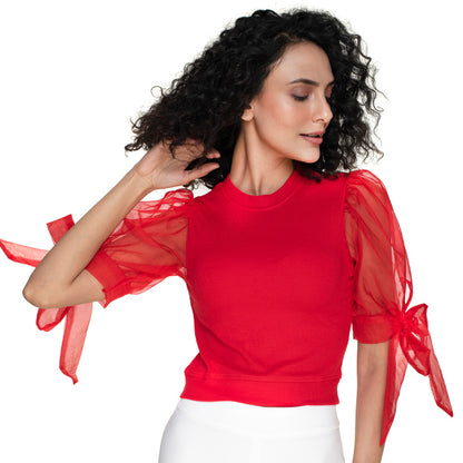 Hosiery Blouses- Bow Tie Up Sleeves - Red - Blouse featured