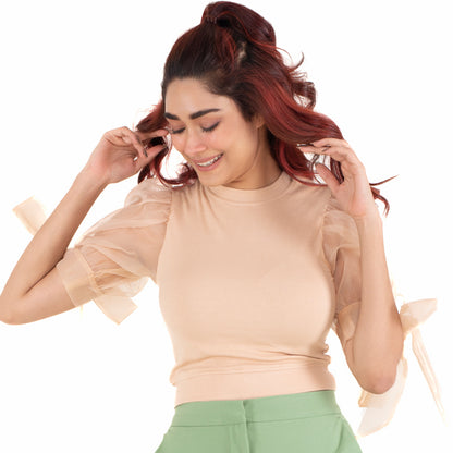Hosiery Blouses- Bow Tie Up Sleeves - Tan - Blouse featured